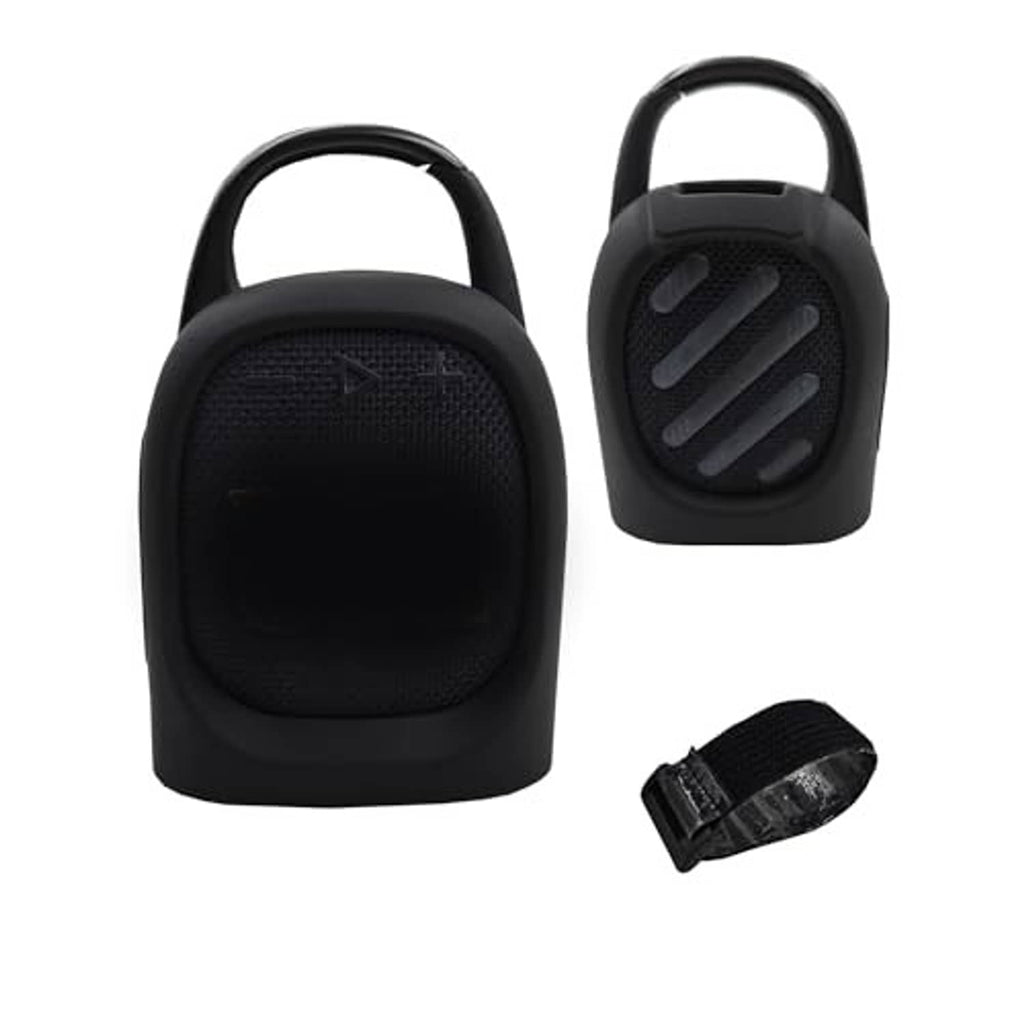 Black silicone speaker cover with top handle, mesh front, and attached strap
