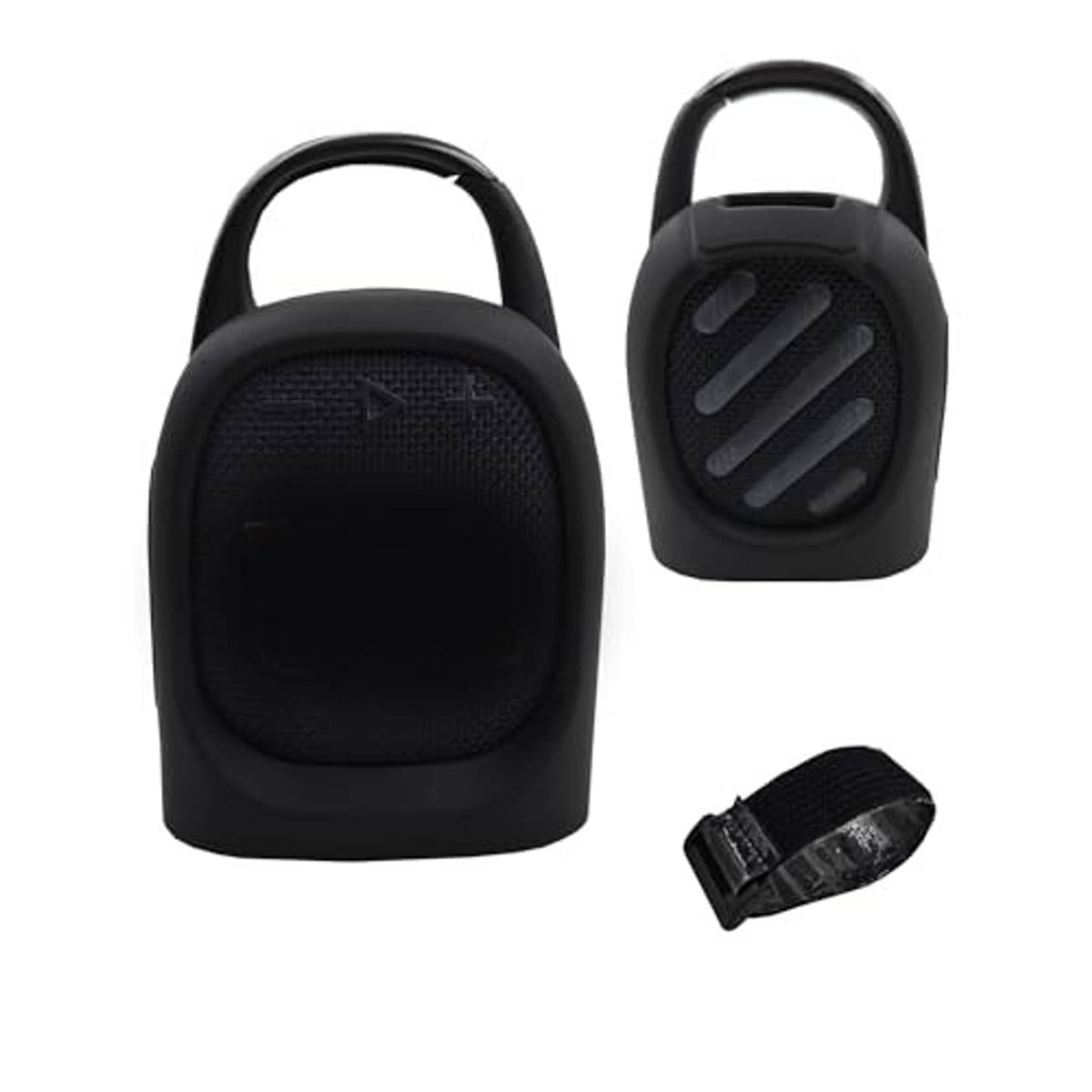 Black silicone speaker cover with top handle, mesh front, and attached strap