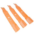 Set of three orange lawn mower blades with round mounting holes, curved ends.
