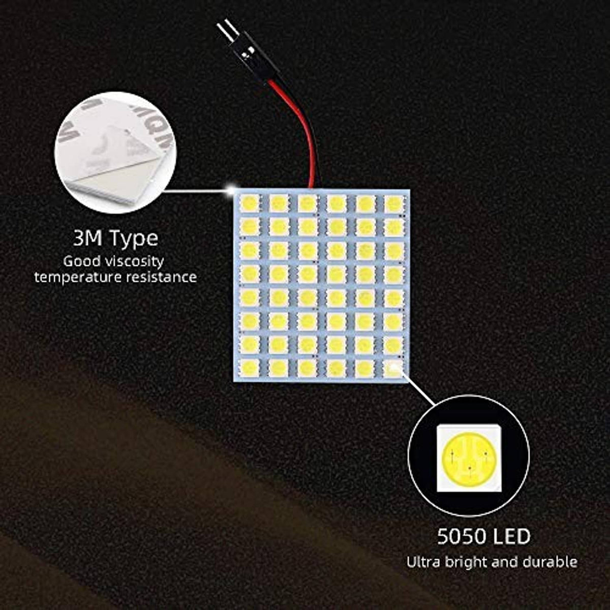 Square 5050 LED panel with red/black wires and adhesive mount detail