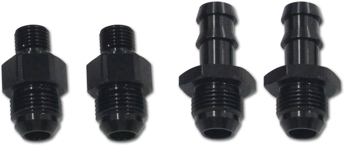 Black threaded hose fitting ends for transmission cooler lines with barbed ports