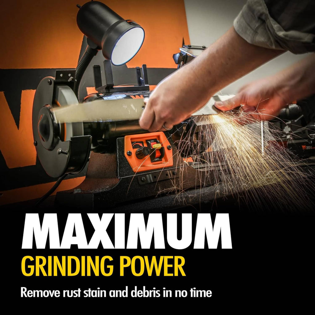 Bench grinder tool using a twisted stainless steel wire wheel with visible sparks