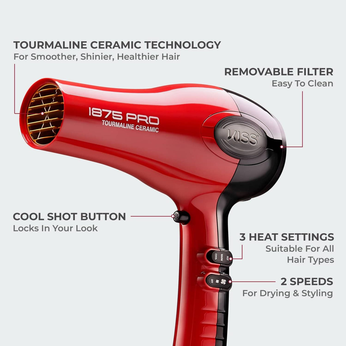 Red and black hair dryer with vented nozzle, removable filter, and control panel