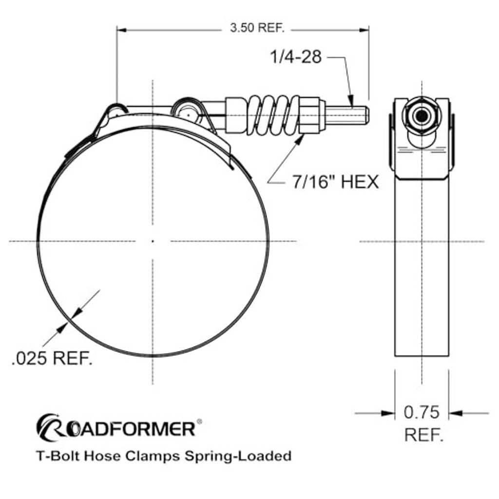 LOADFORMER T-bolt hose clamp spring-loaded diagram with hex bolt and size callouts