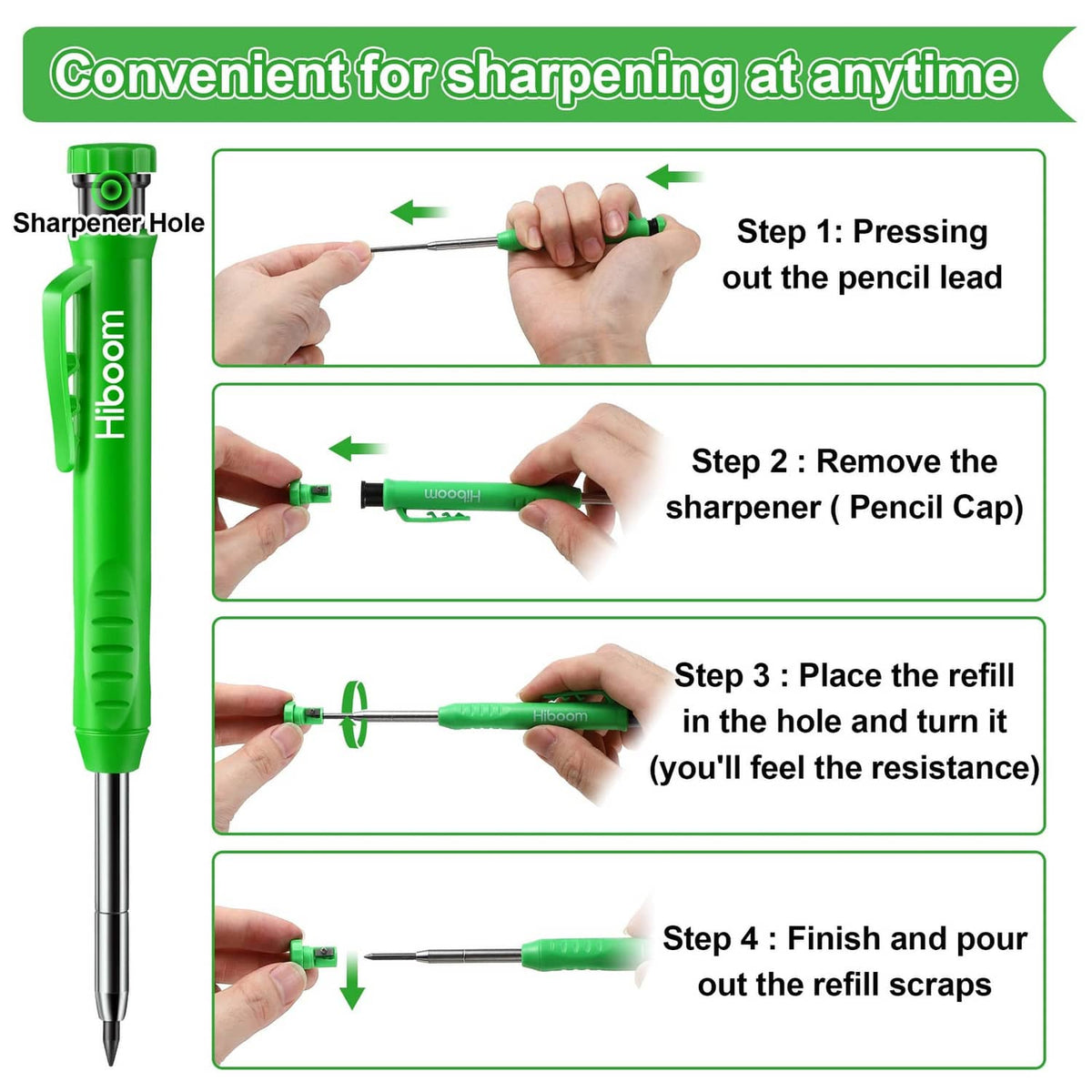 Green carpenter pencil with removable cap and built-in sharpener for sharpening and refills