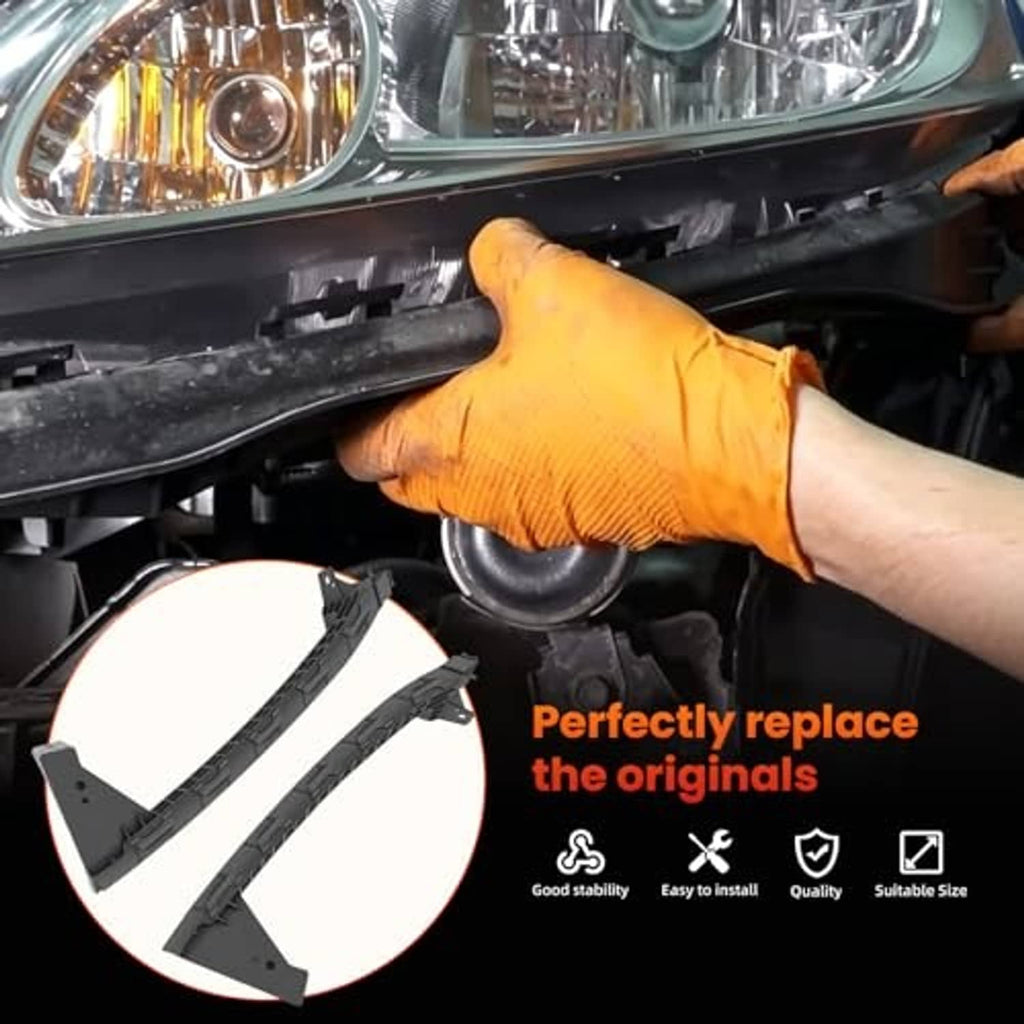 Mechanic’s gloved hand fitting black headlight under-bracket support