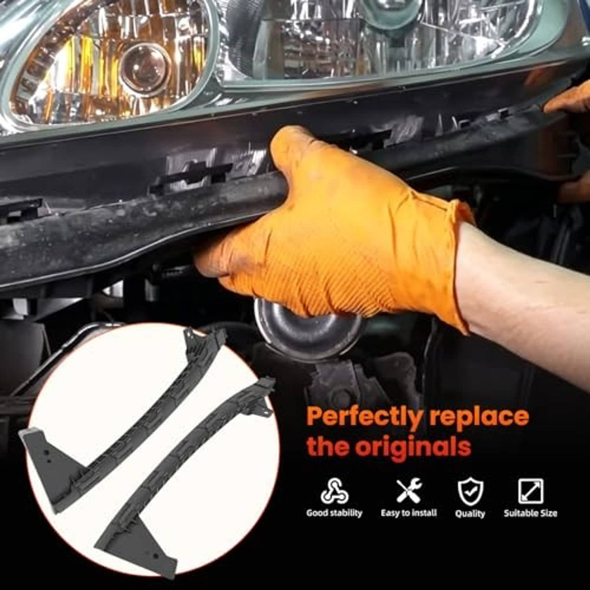 Mechanic’s gloved hand fitting black headlight under-bracket support