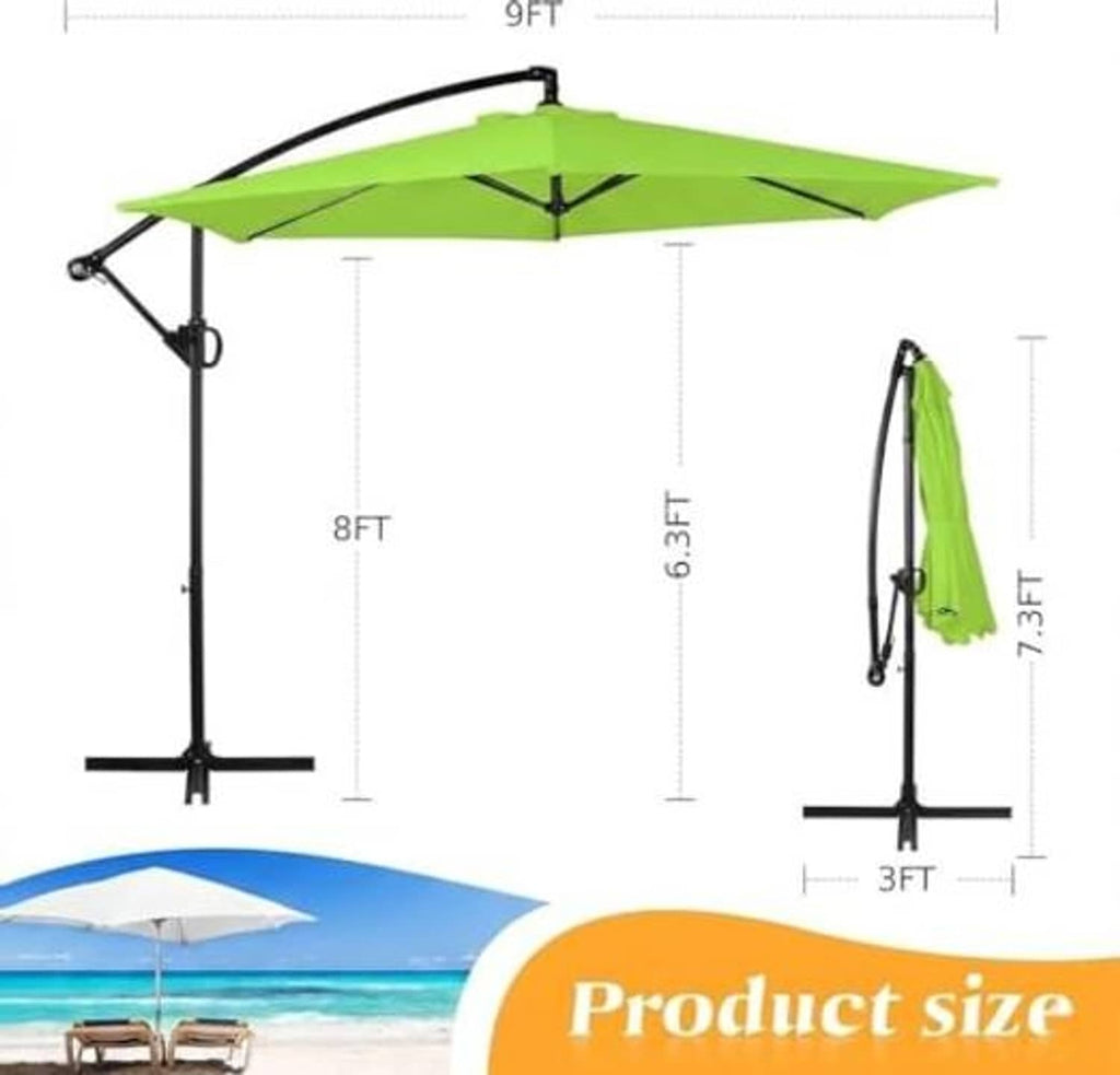 Green cantilever umbrella with 9FT canopy height measurements and offset poles