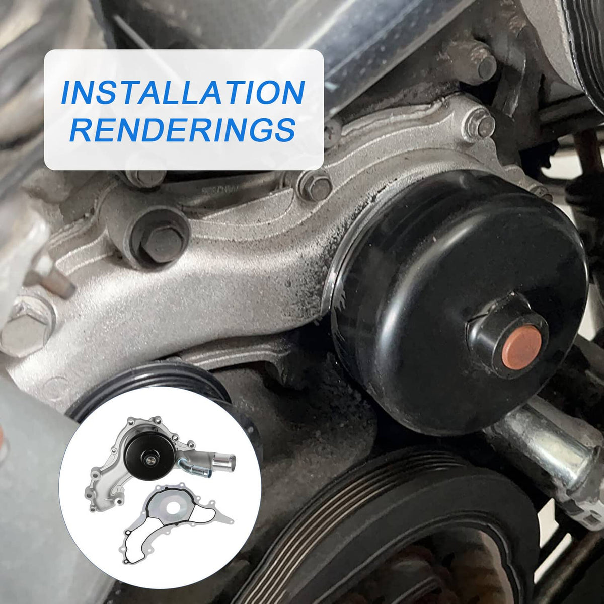 Installed water pump near engine belt, showing black pulley and mounting bolts