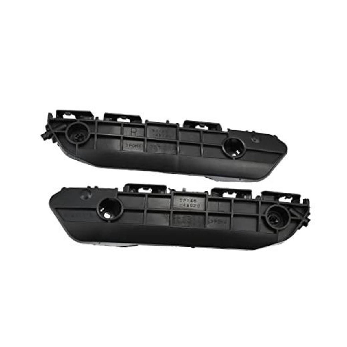 Pair of black front bumper mounting support brackets with circular mounting holes