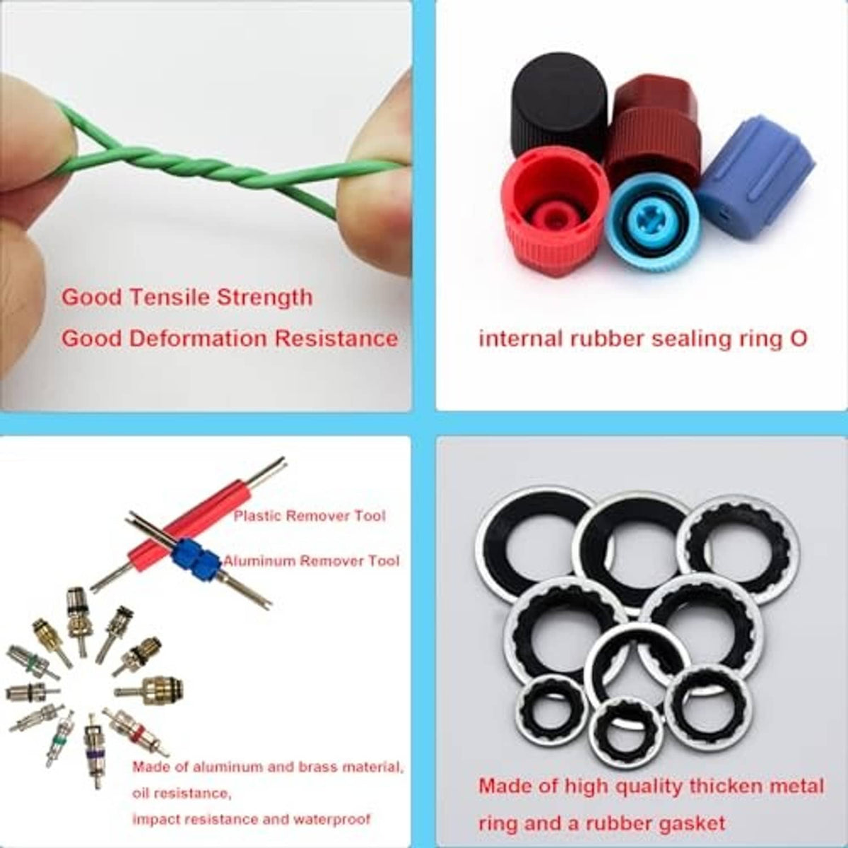 Rubber O-ring seals with removable tools and metal gaskets in a parts layout
