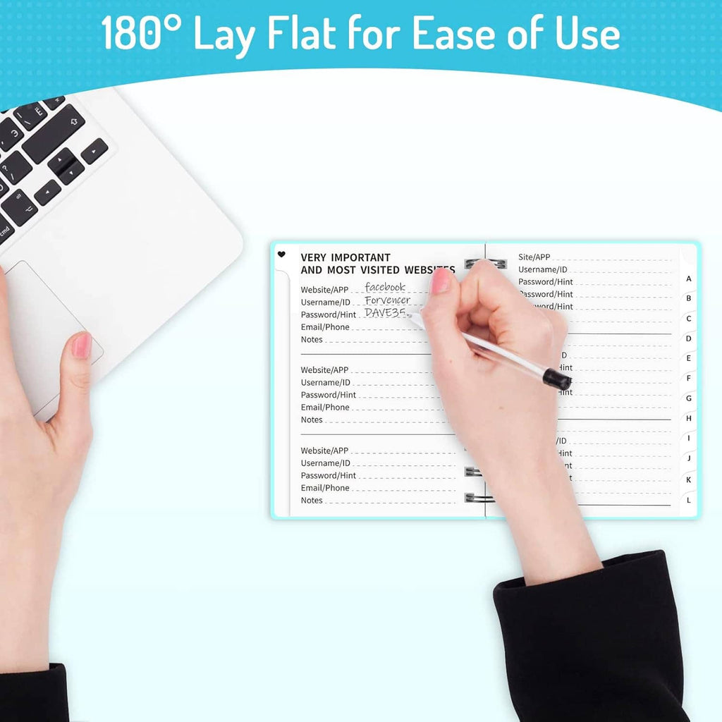 Password notebook laid flat with lined page, alphabet tabs, and hand writing