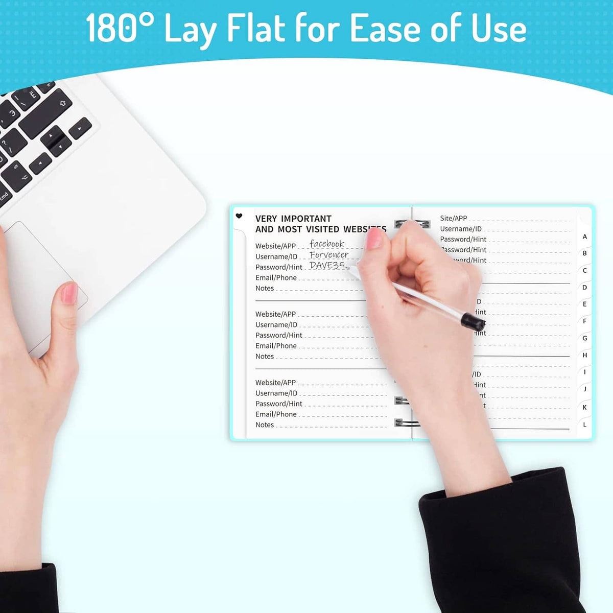 Password notebook laid flat with lined page, alphabet tabs, and hand writing