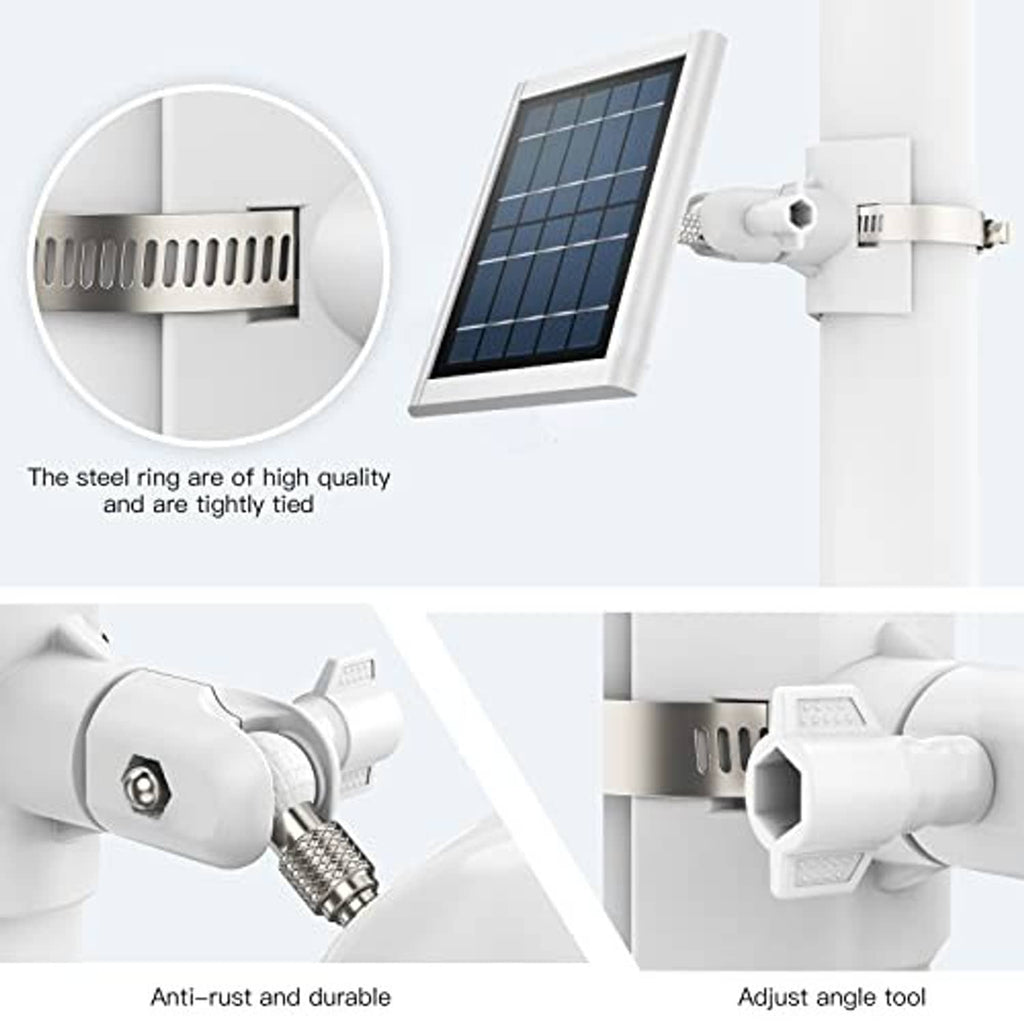 White universal solar panel mount with steel ring clamp and adjustable mounting arm