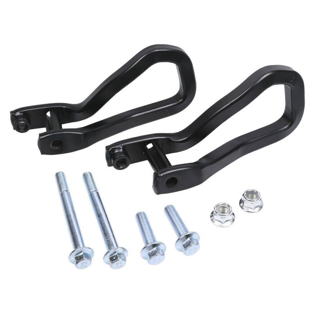Black front tow recovery hook set with mounting bolts and nuts, 2-piece.