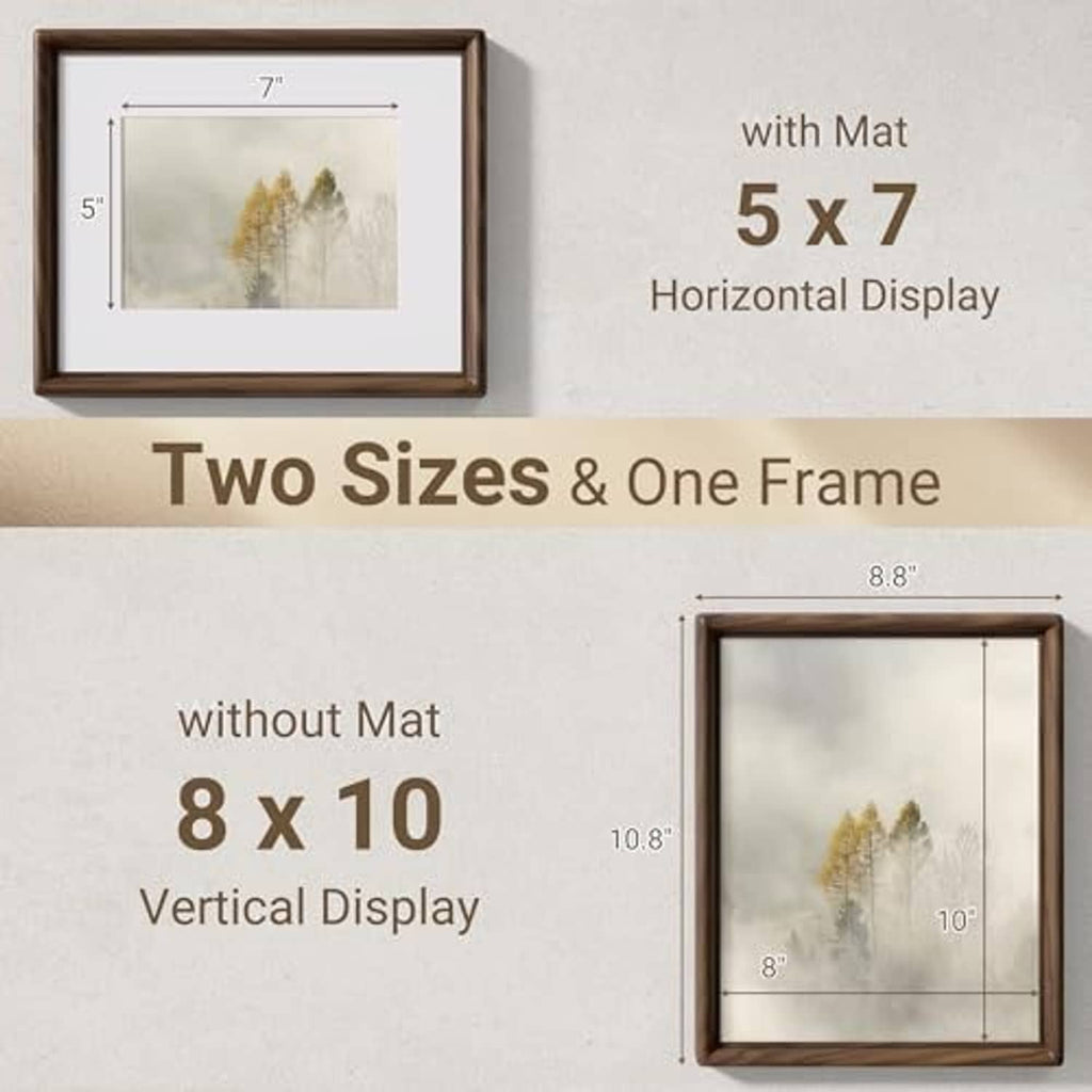 Walnut wood picture frame holding a 5x7 photo mat, shown with a square front view