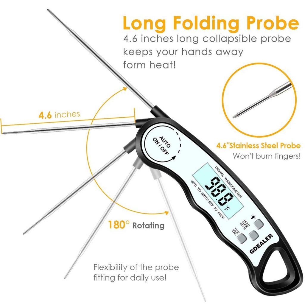 GDEALER digital instant-read thermometer with 180° rotating folding stainless probe