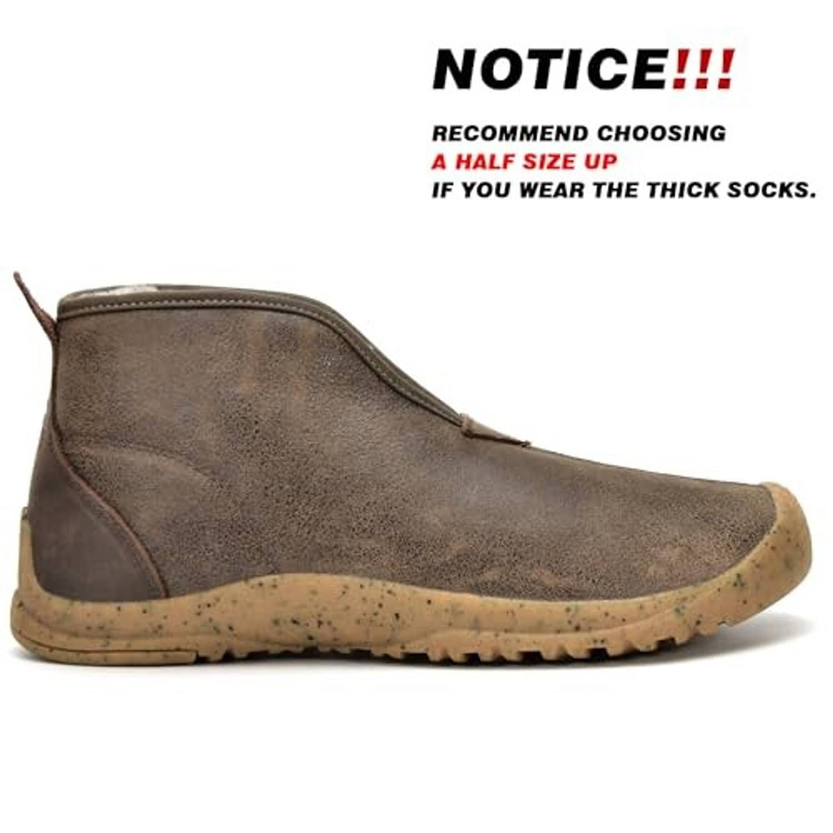 Chestnut suede monk moc boot with side seam and speckled tread rubber sole