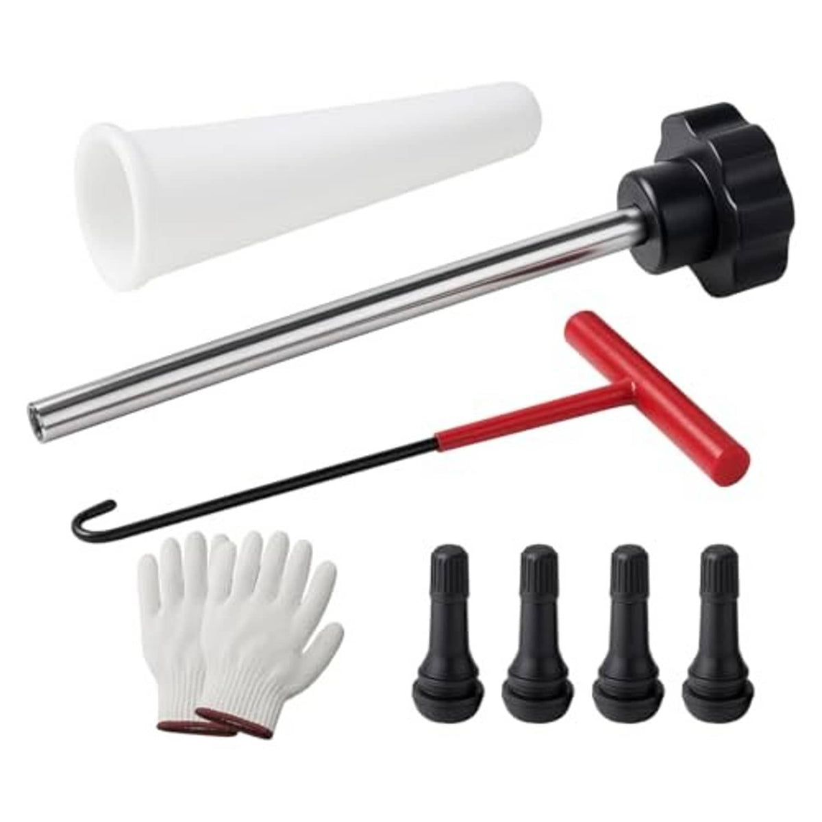 Car tire valve tool kit with metal rod, red T-handle, white gloves, and black valve caps