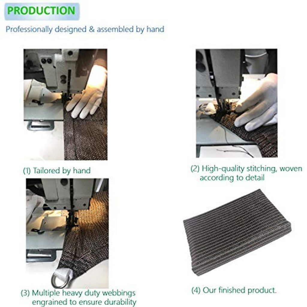 Brown woven shade sail fabric with reinforced stitching and finished edge detail