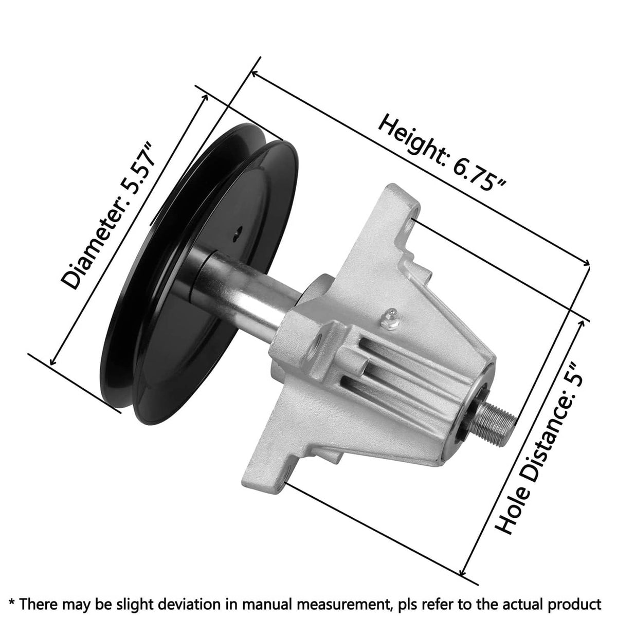 Mower spindle with black pulley wheel and silver bracket, height and hole spacing shown