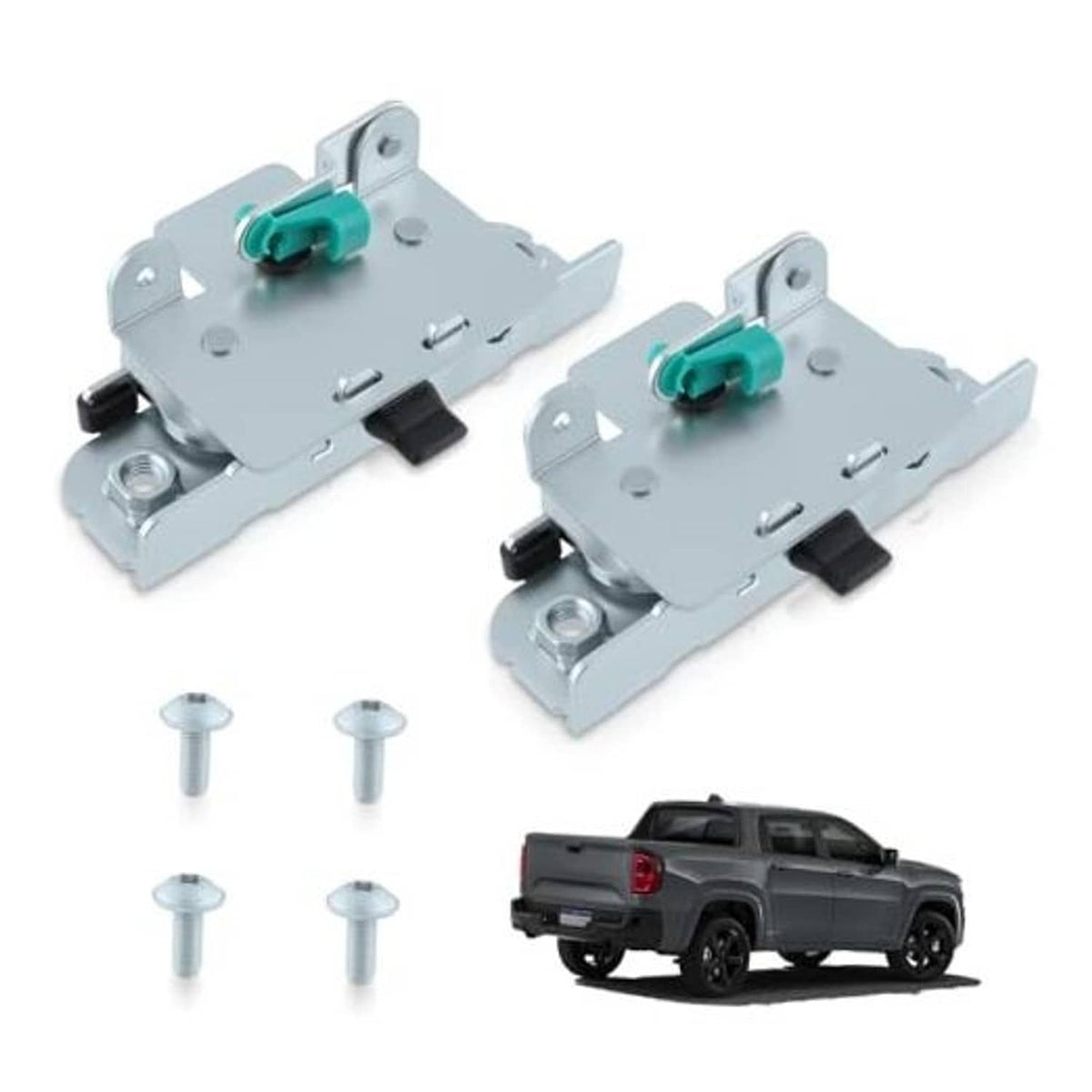 Pair of rear tailgate latches, light gray brackets with teal release tabs