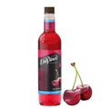 Sugar-free cherry syrup bottle with black cap, red glass bottle and label