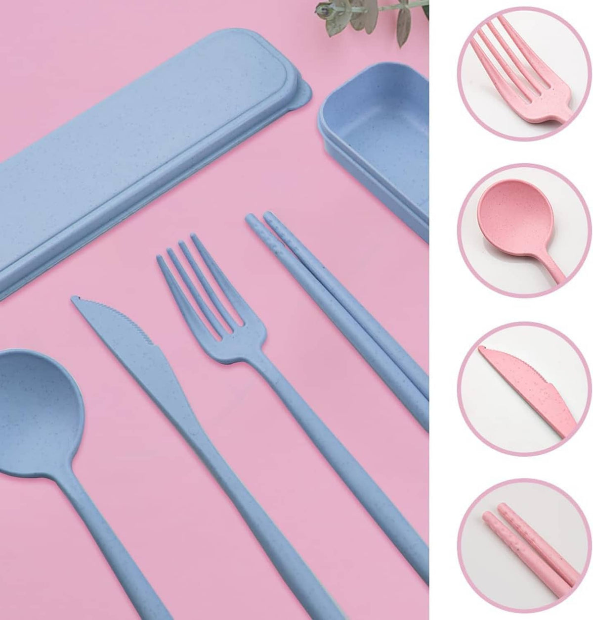 Reusable travel cutlery set laid out with blue utensils and pink fork/knife pieces