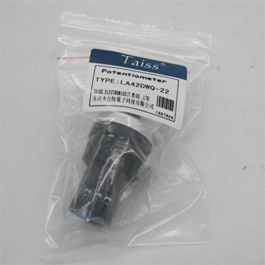 Rotary potentiometer in clear bag with Taiss label and blue terminals