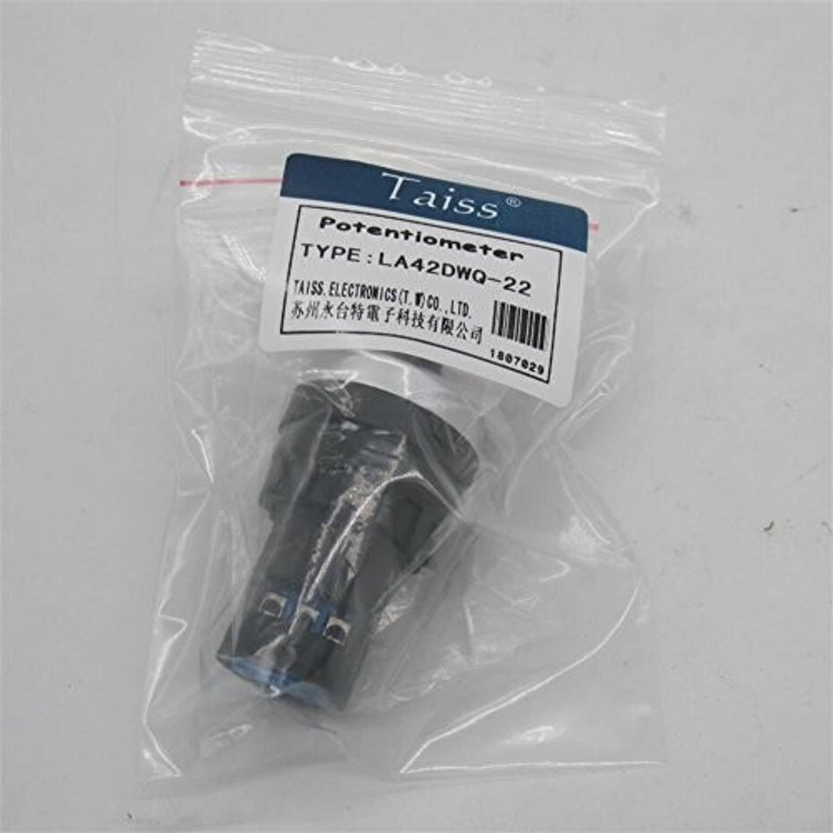Rotary potentiometer in clear bag with Taiss label and blue terminals