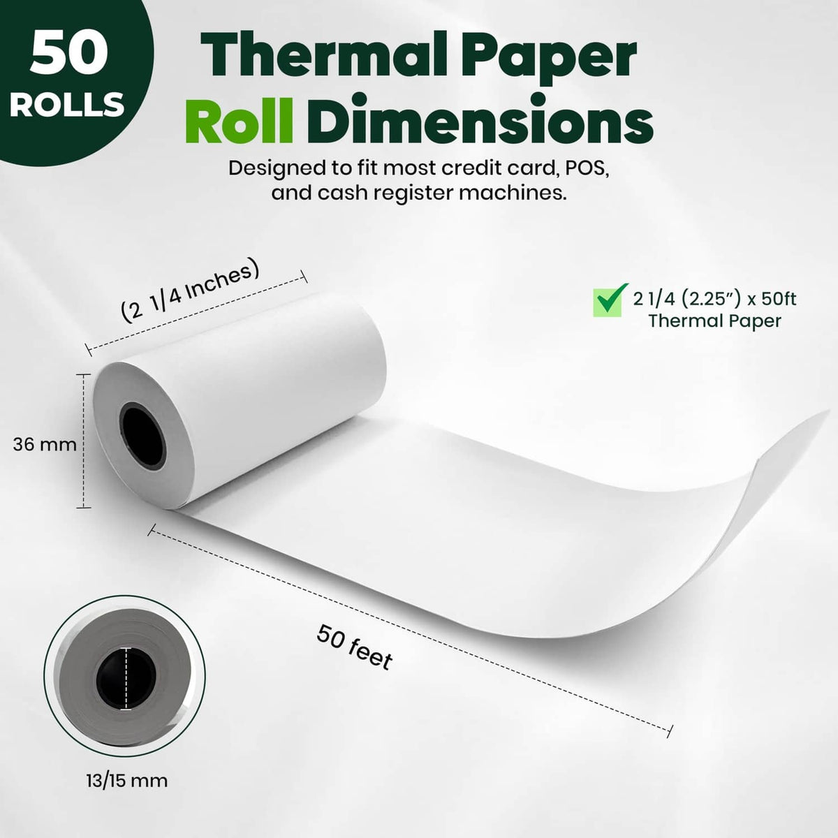 Thermal paper roll with long unspooled strip and dark inner core opening