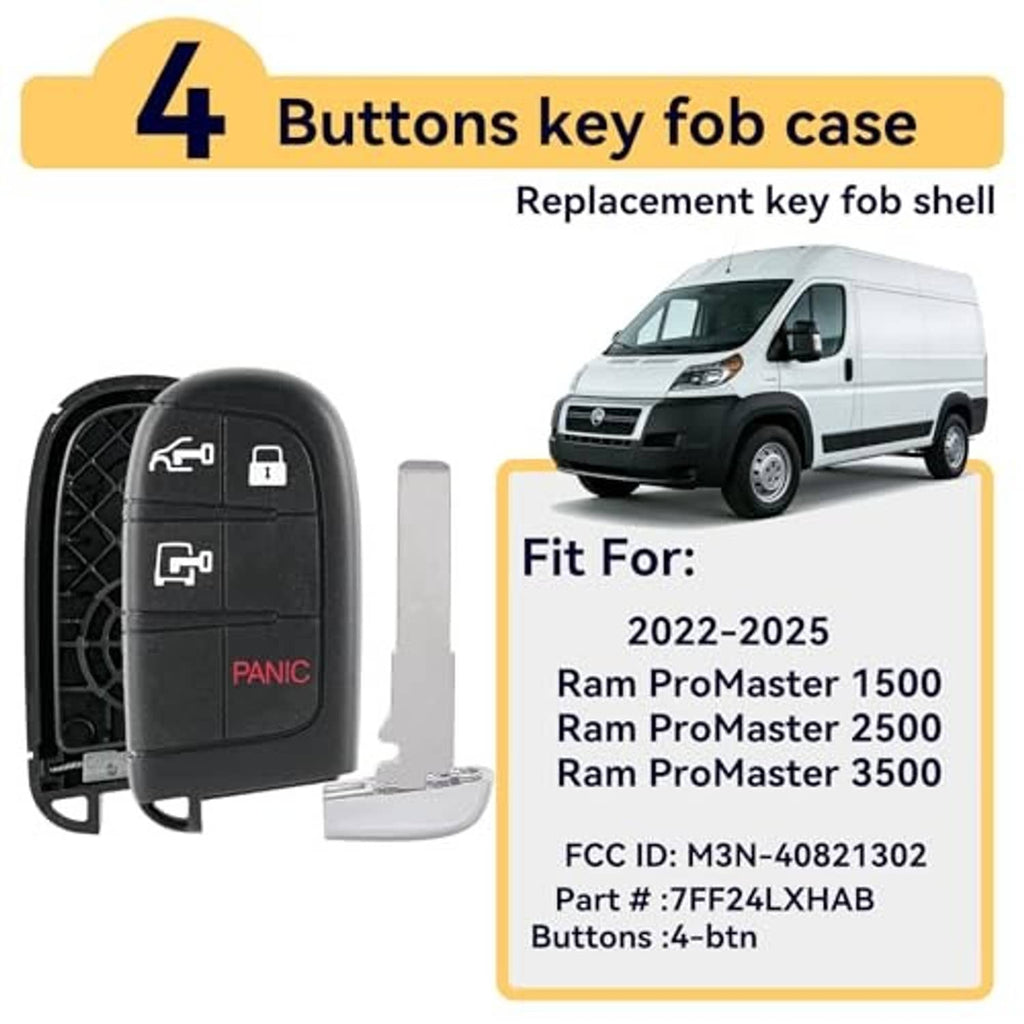 Black key fob shell replacement with 4 buttons, includes key blade and mounting parts