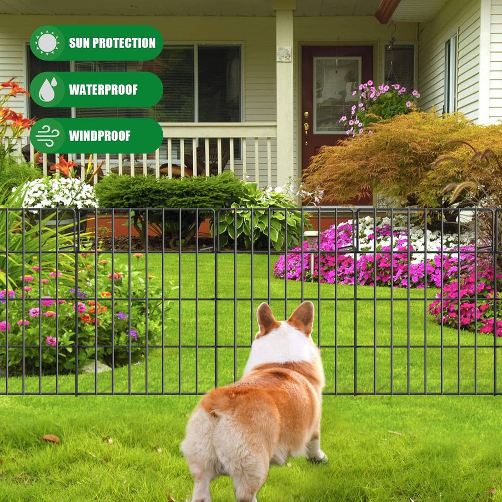 Black metal fence panels with tight vertical bars surrounding a yard garden area