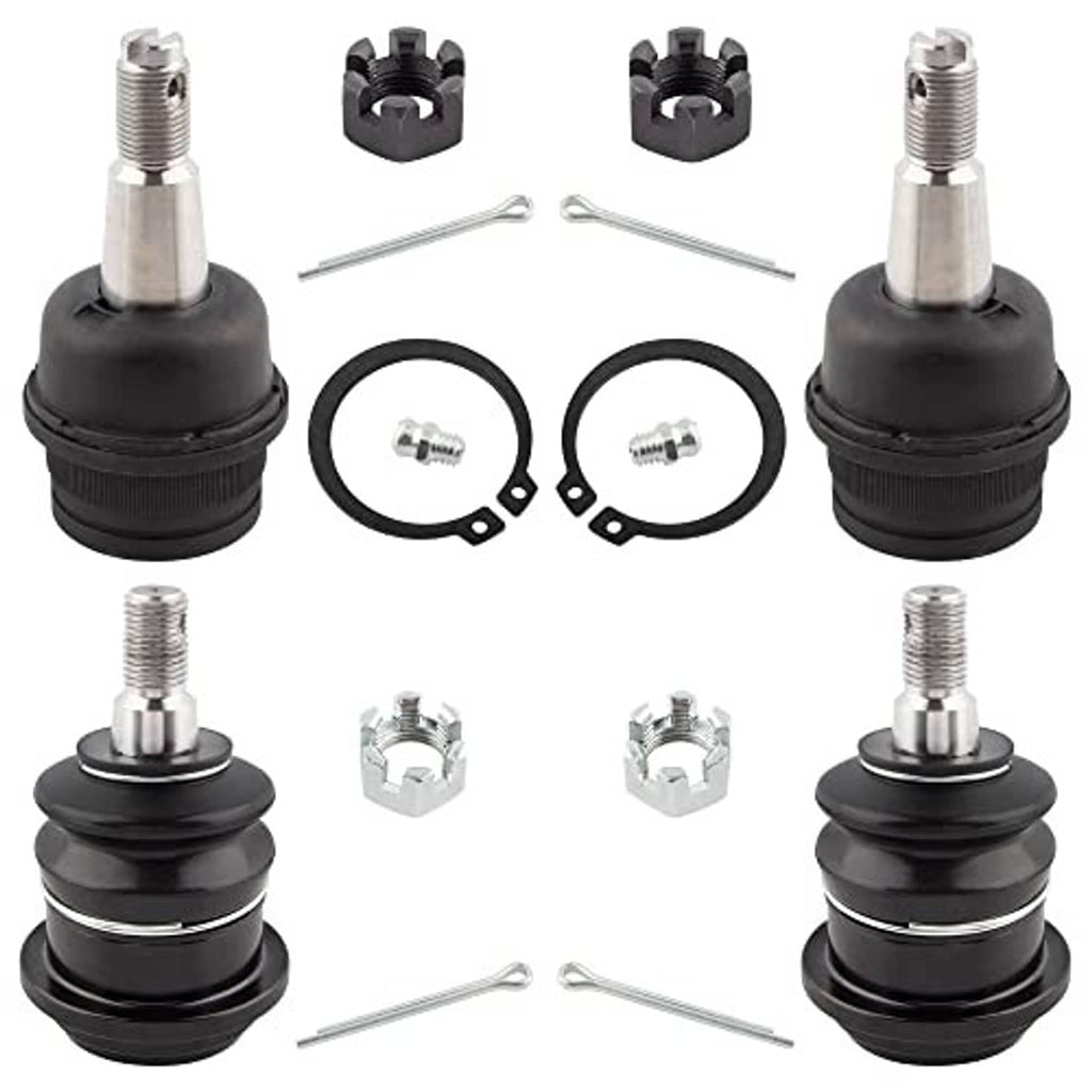 Ball joint set showing four black boots, threaded studs, metal clips, and snap rings