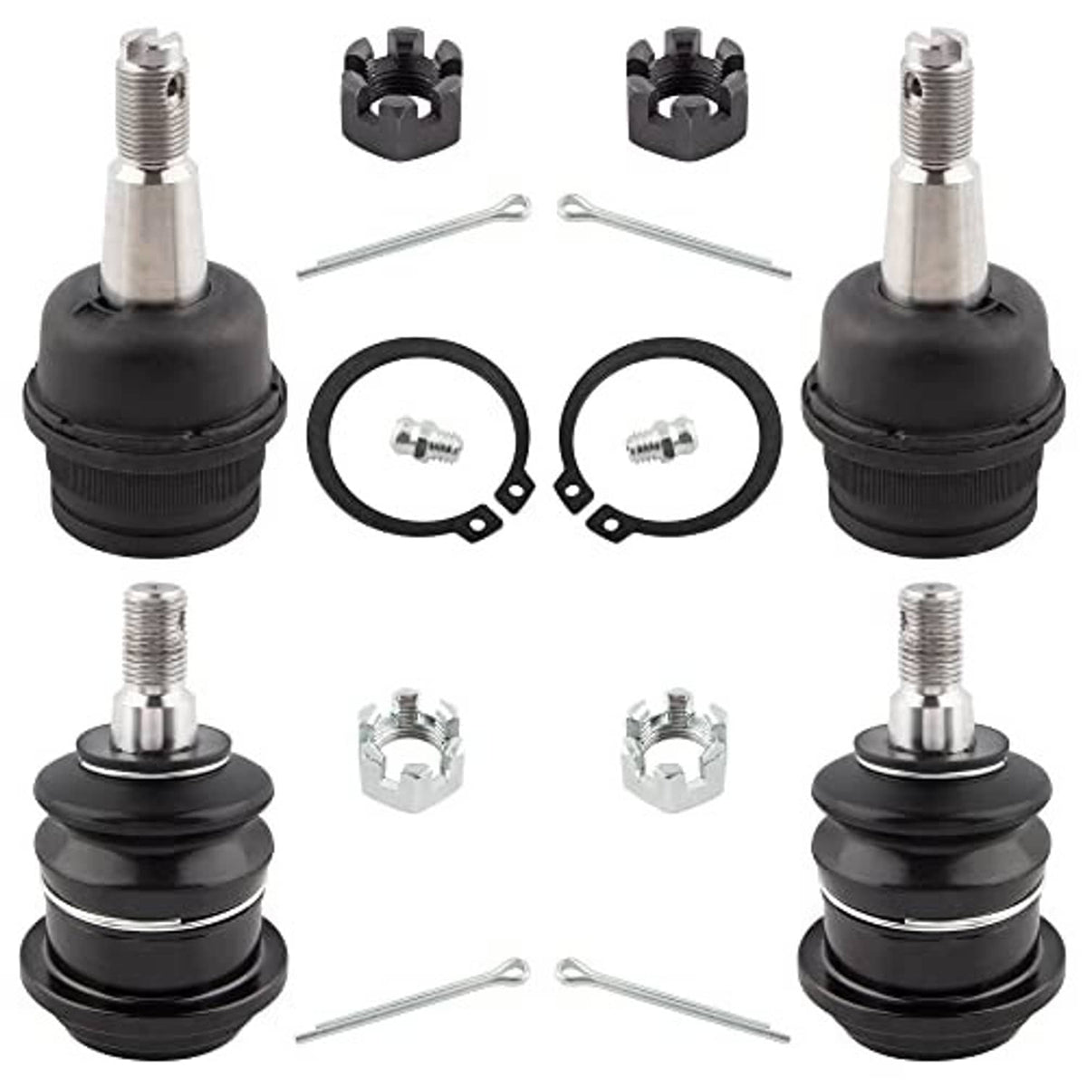 Ball joint set showing four black boots, threaded studs, metal clips, and snap rings