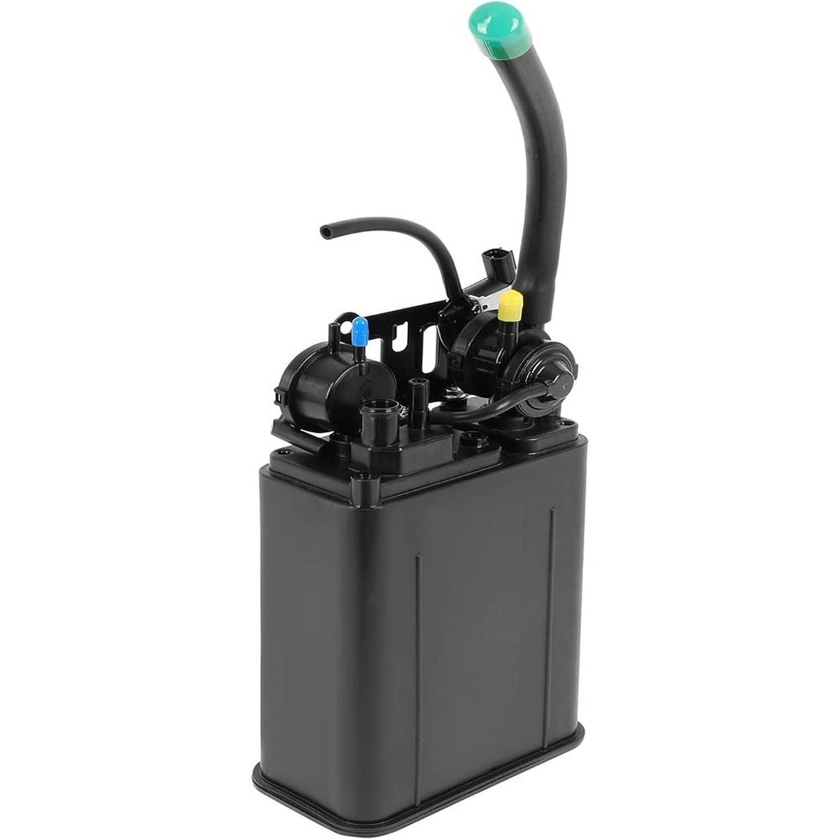 Fuel vapor charcoal canister with black canister, green-tipped hose, and valve ports