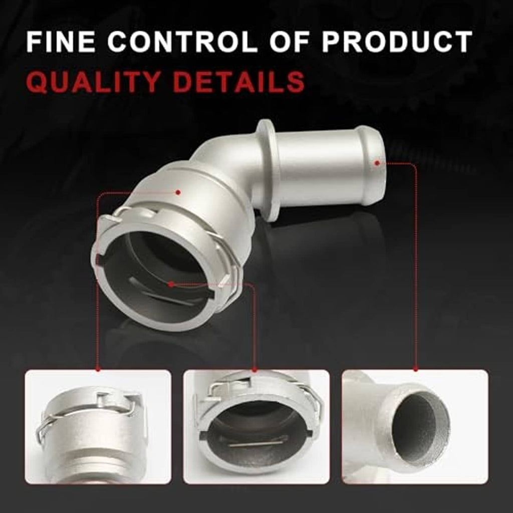 Silver aluminum coolant connector fitting with clamp, showing circular end ports