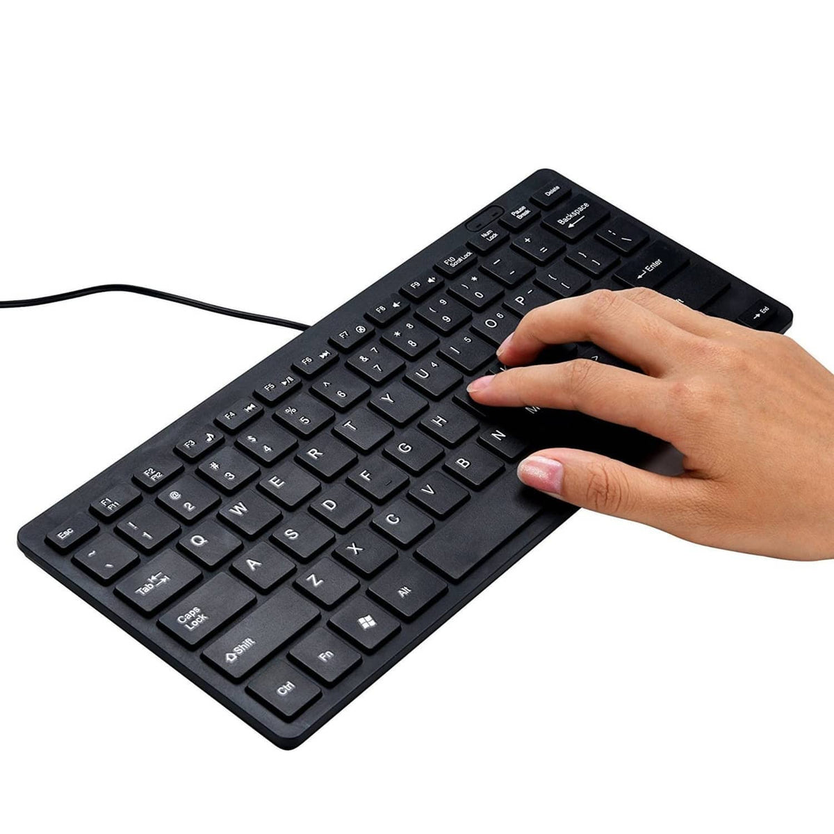Black 78-key mini wired USB keyboard with protective cover, finger pressing keys