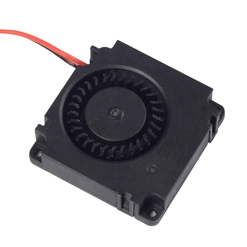 Black 40mm cooling fan module with circular blade hub and red wire leads, compact housing