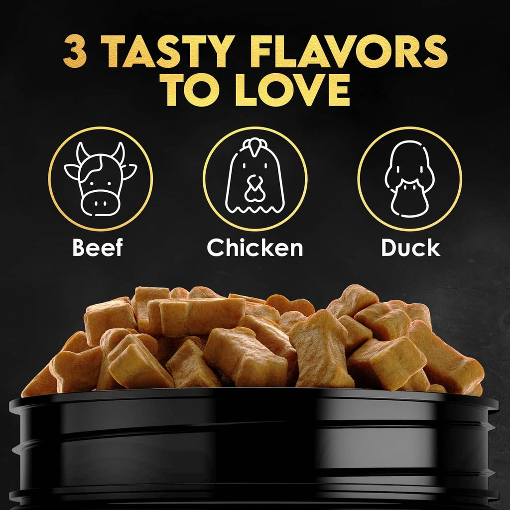 Tin of brown dog chew pieces with icons for beef, chicken, and duck flavors
