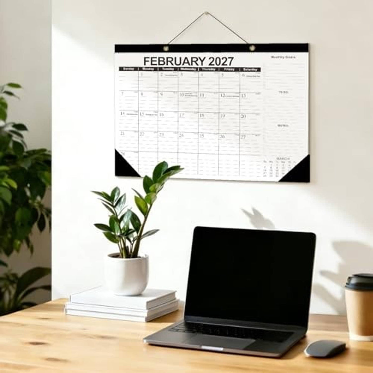 Hanging February 2027 desk calendar with black border above potted plant and laptop