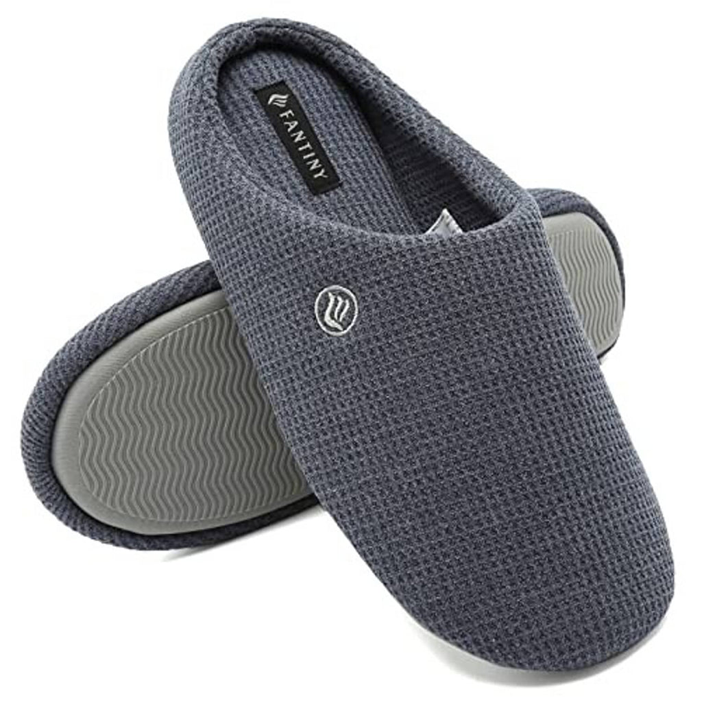 Dark blue textured slip-on slippers with open heel and contoured gray sole