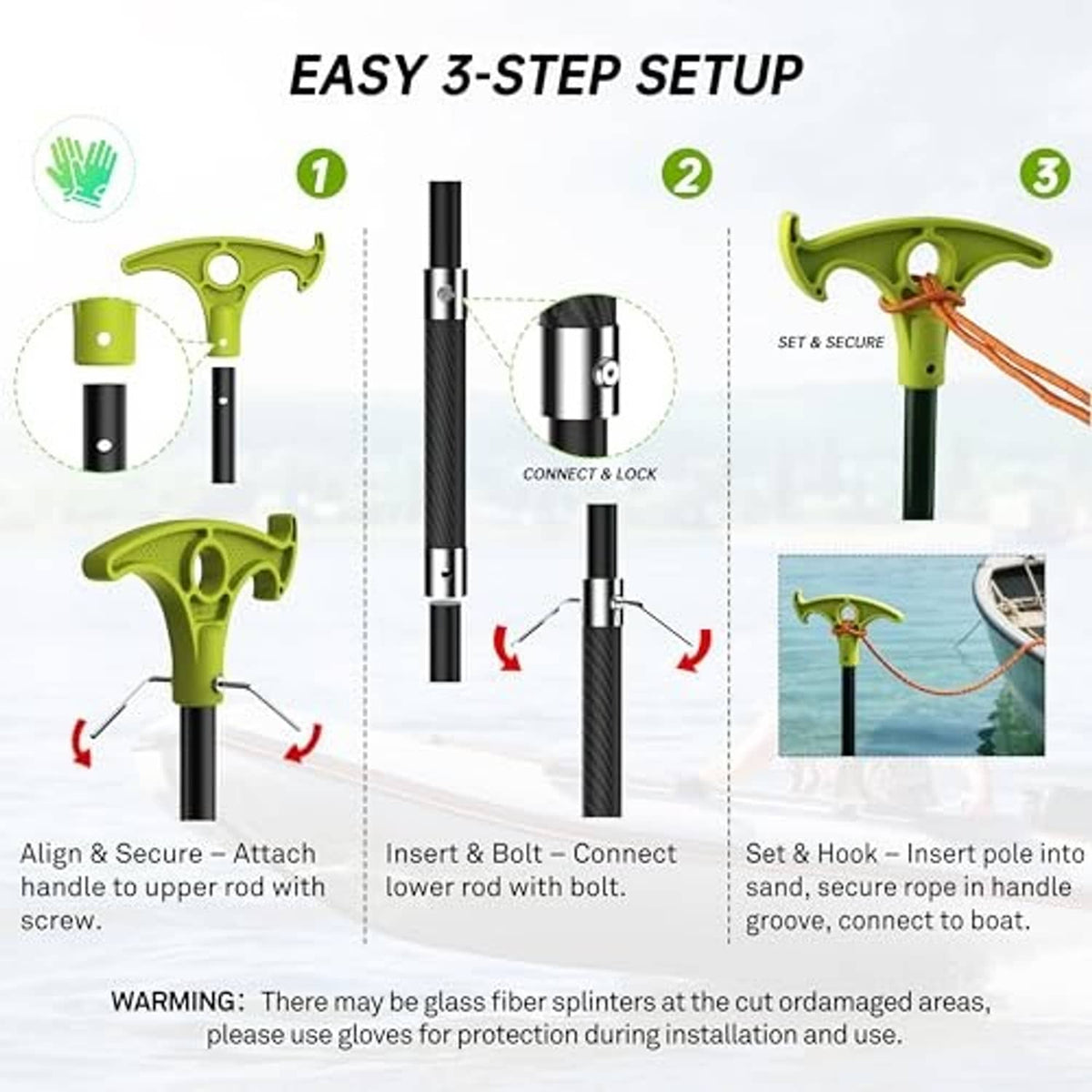 Easy 3-step assembled view of two-section anchor pole with green handle and hook tip