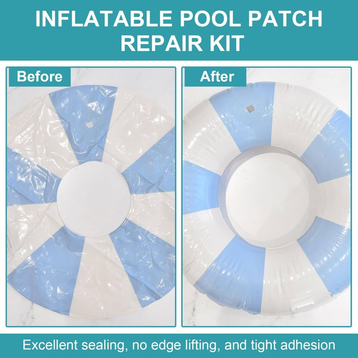 Inflatable pool patch repair kit showing sealed before-and-after on a punctured ring.