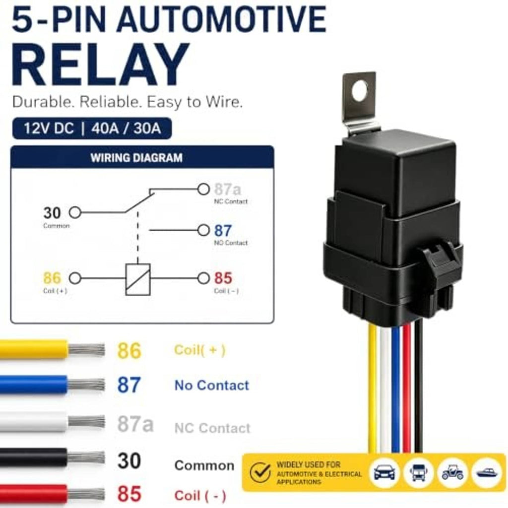 Black 5-pin automotive relay next to wiring diagram with terminal pin labels