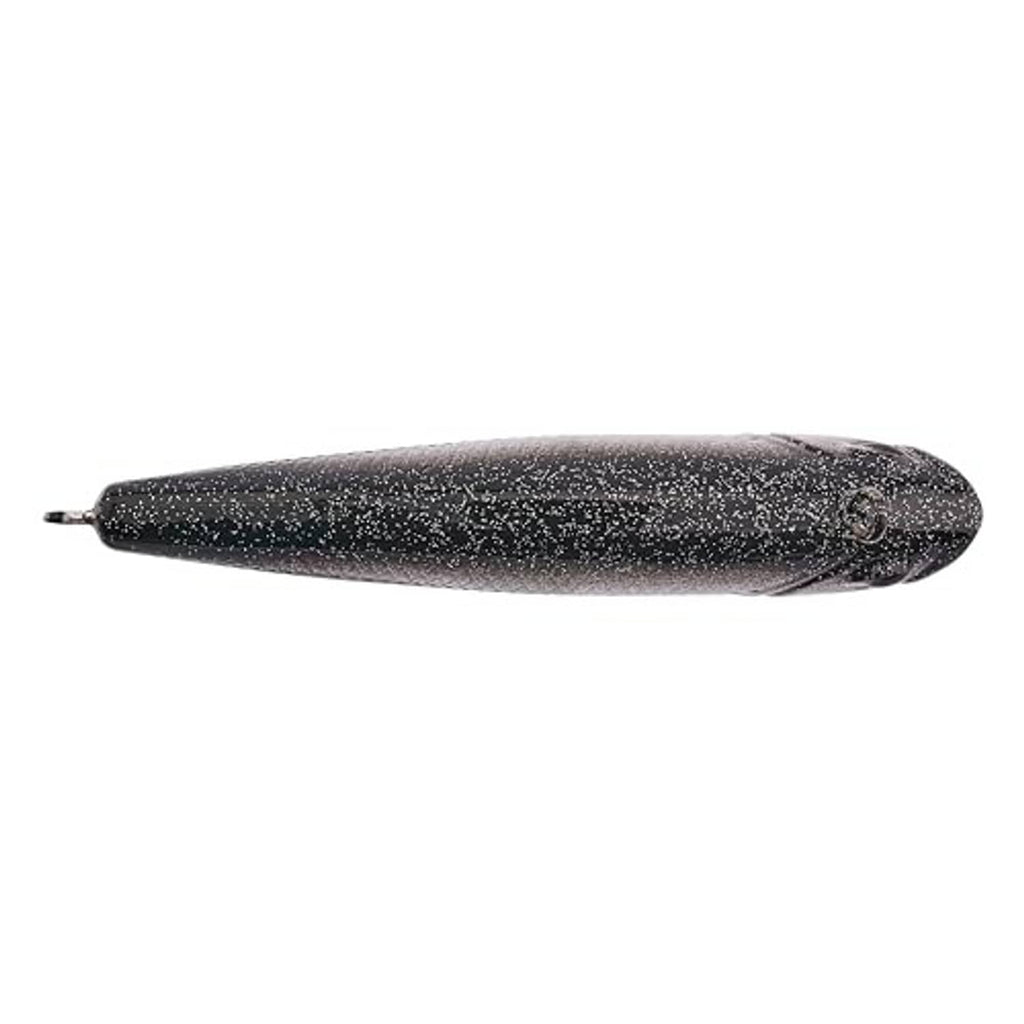 Dark speckled fishing minnow lure with metal hook attachment loops