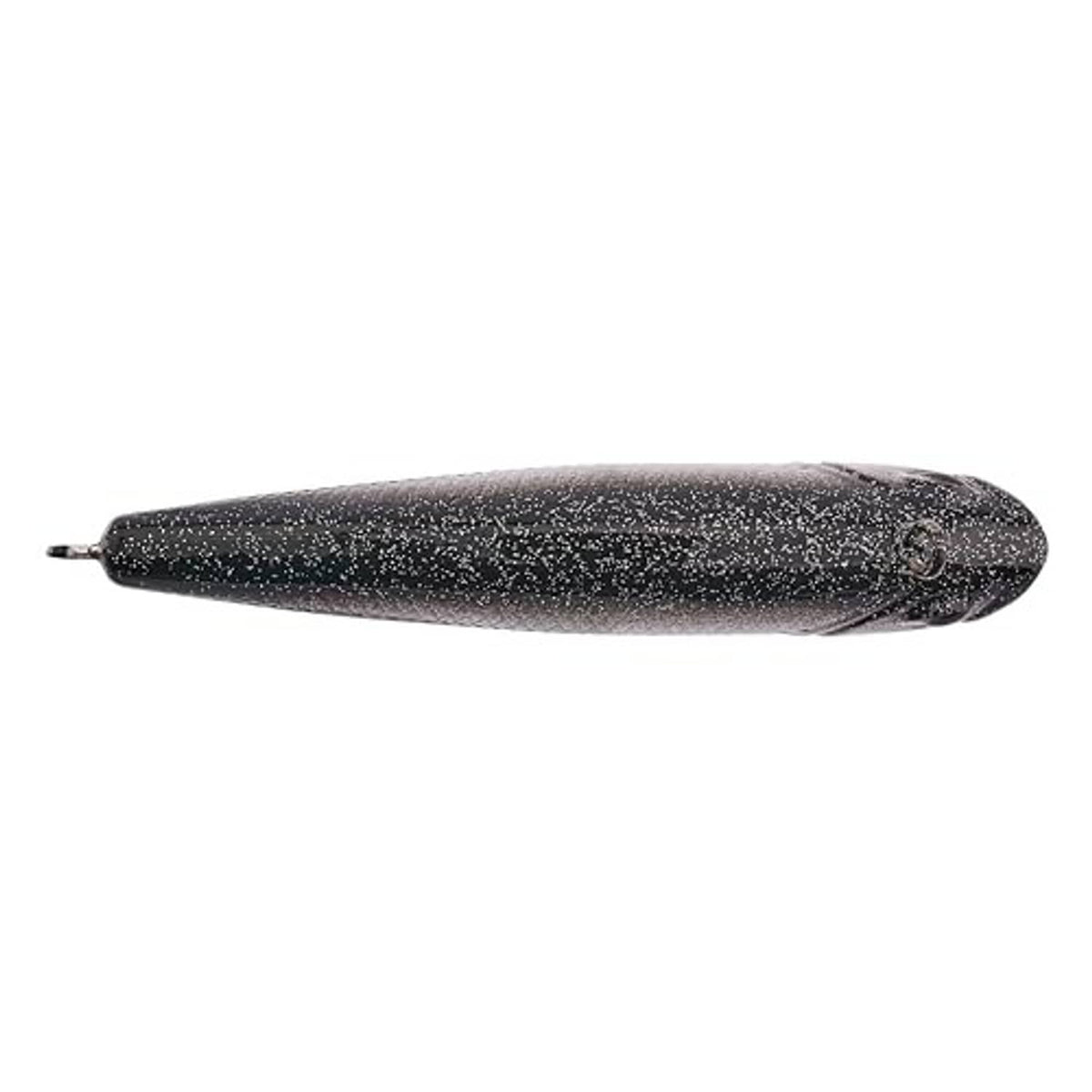 Dark speckled fishing minnow lure with metal hook attachment loops
