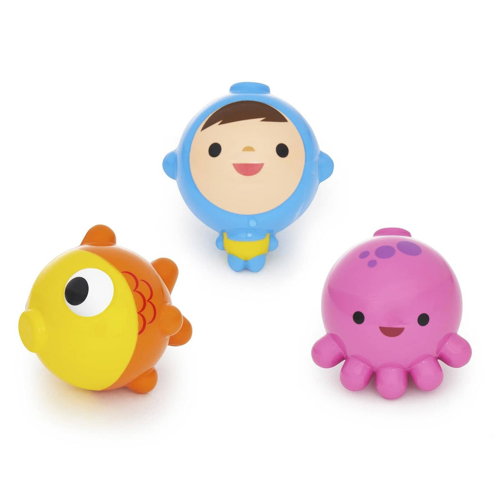 Set of three colorful magnetic bath bobbers: octopus, fish, and clown character