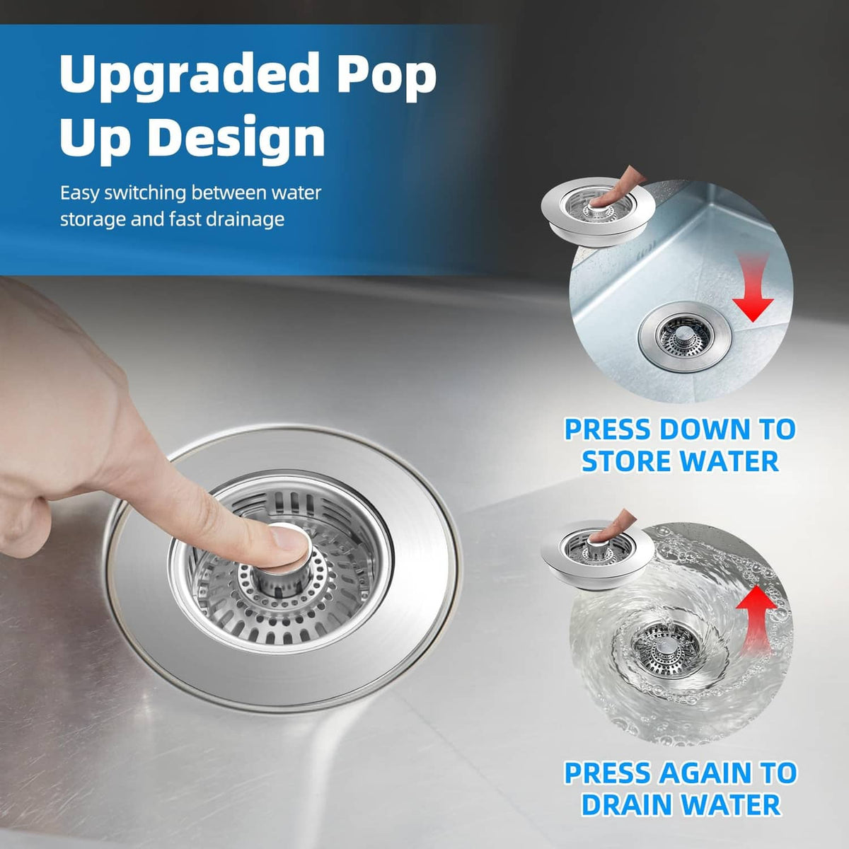 Stainless steel pop-up sink drain strainer stopper with push-down storage and drainage