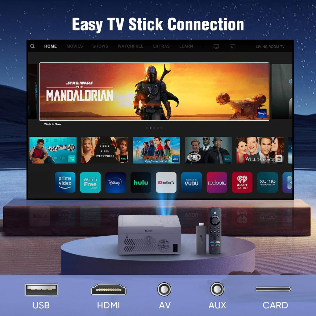 White mini projector with remote and input ports for TV stick connection